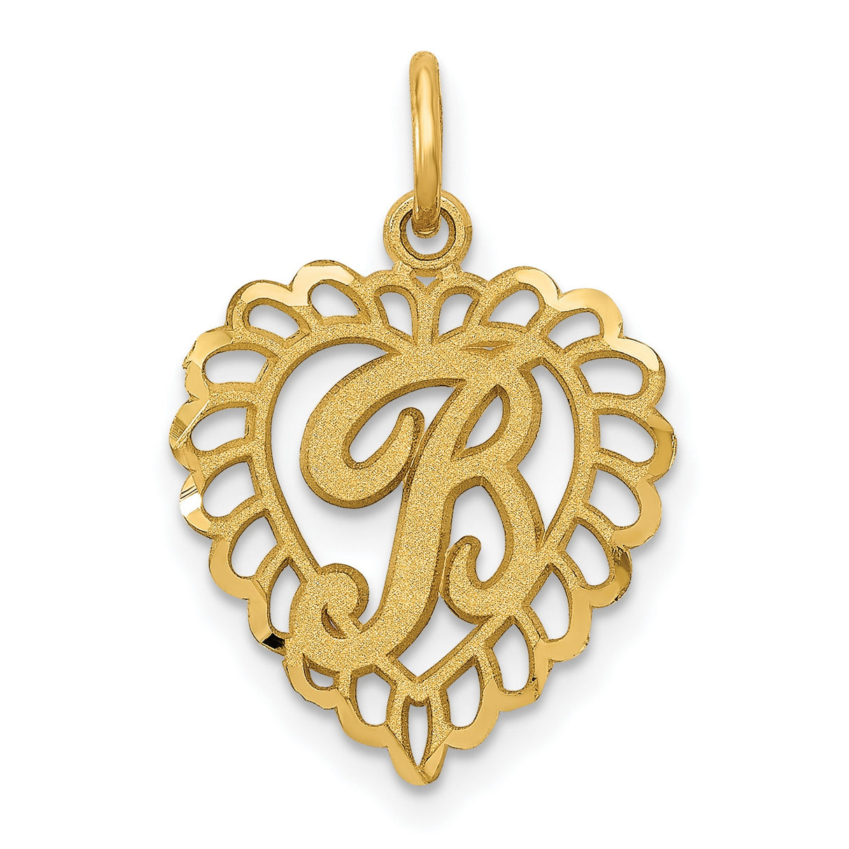 10k Yellow Gold Heart Pendant with Scripted Letter R, Ornate Openwork Design