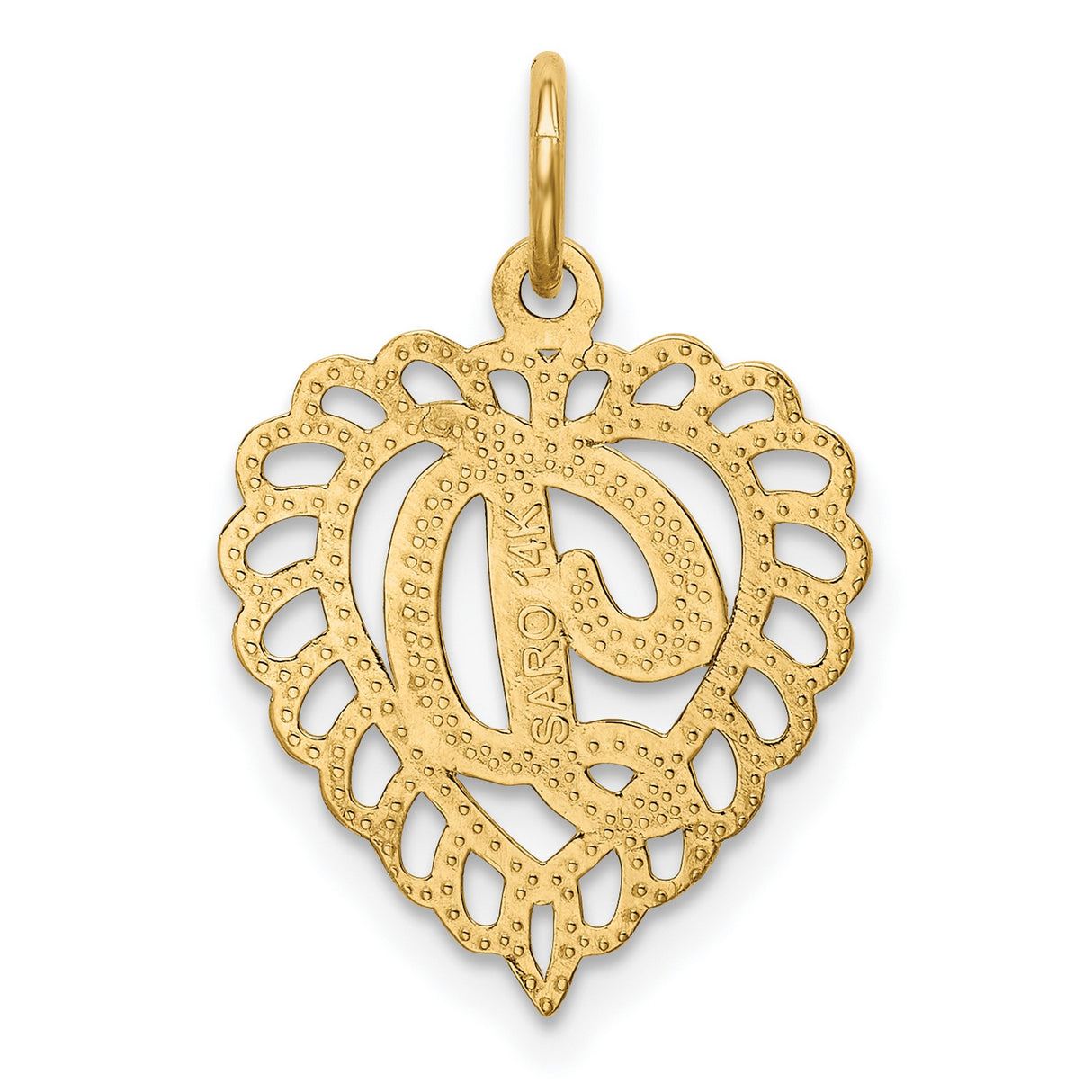 10k Yellow Gold Heart Initial Pendant, Script Letter D, Scalloped Openwork Design