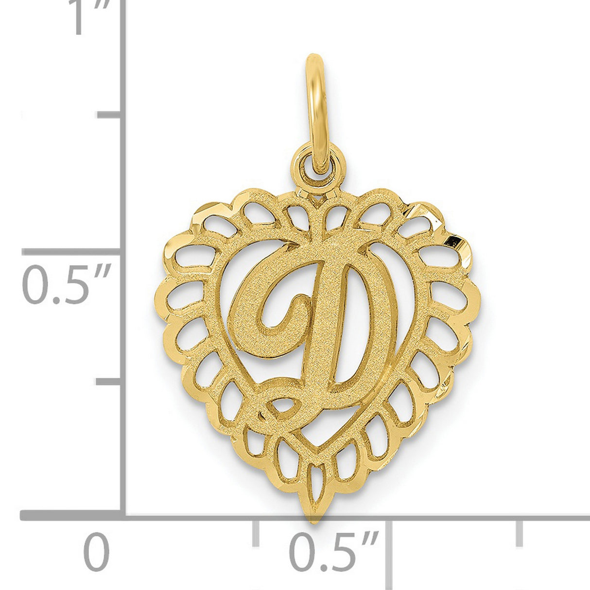 10k Yellow Gold Heart Initial Pendant, Script Letter D, Scalloped Openwork Design