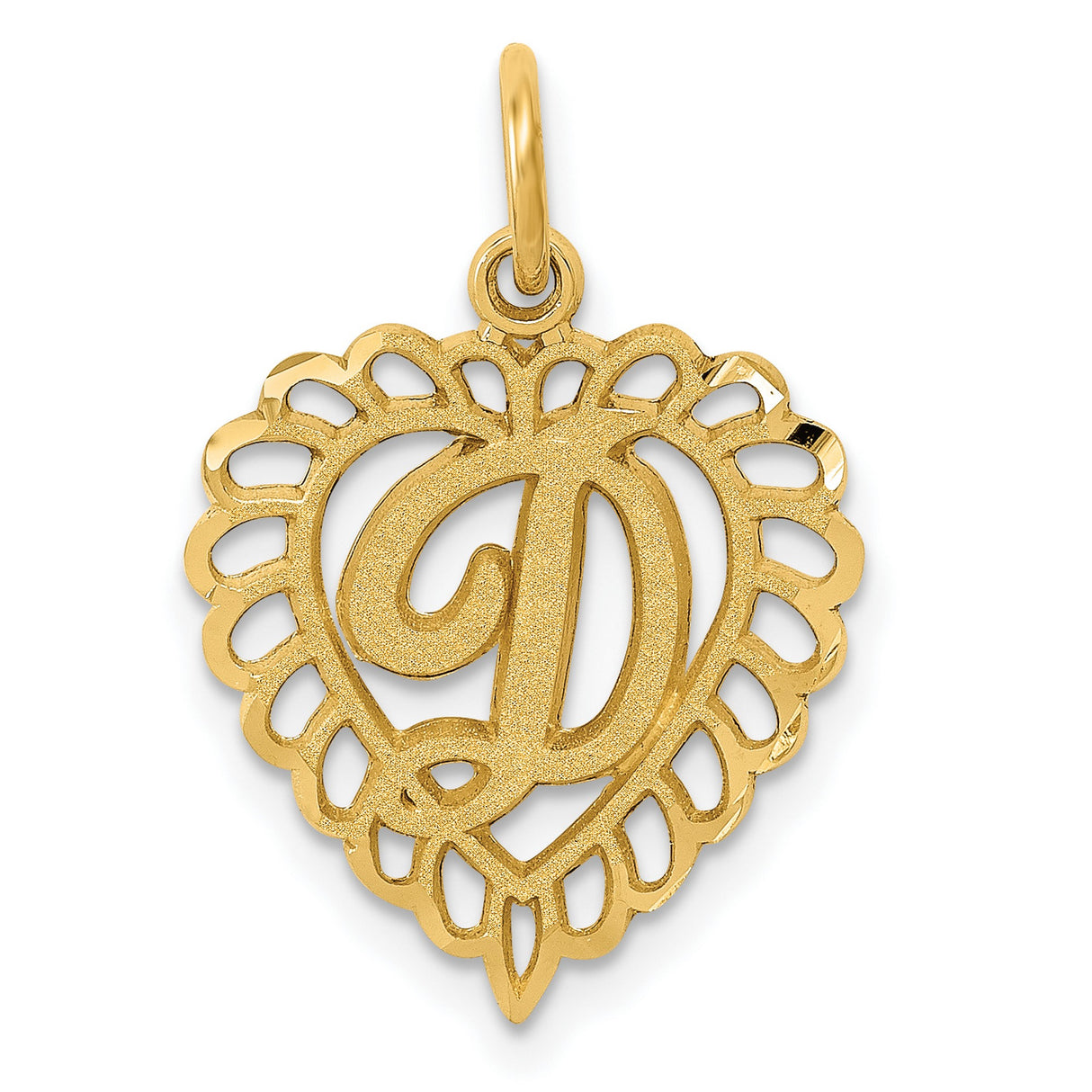 10k Yellow Gold Heart Initial Pendant, Script Letter D, Scalloped Openwork Design