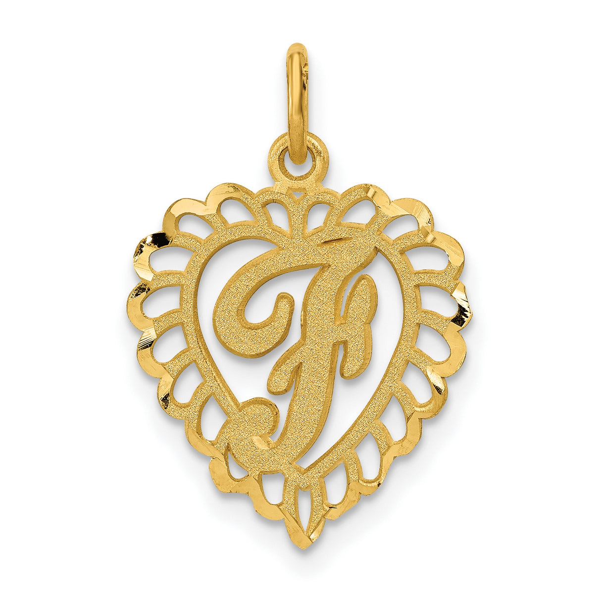 10k Yellow Gold Heart Pendant with Script Letter J, Filigree Initial Charm