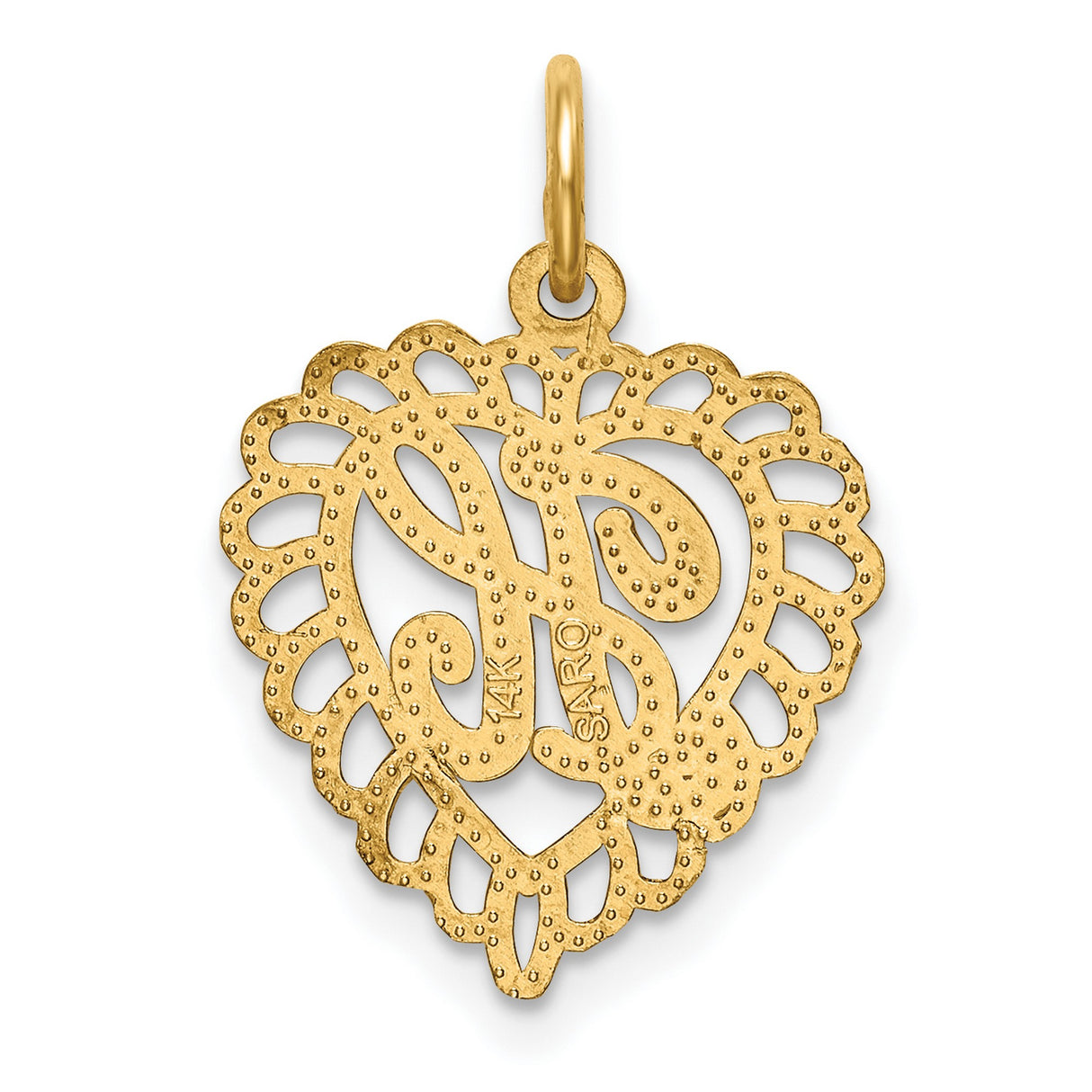 10k Yellow Gold Heart Pendant with Cursive Letter H, Scalloped Filigree Charm