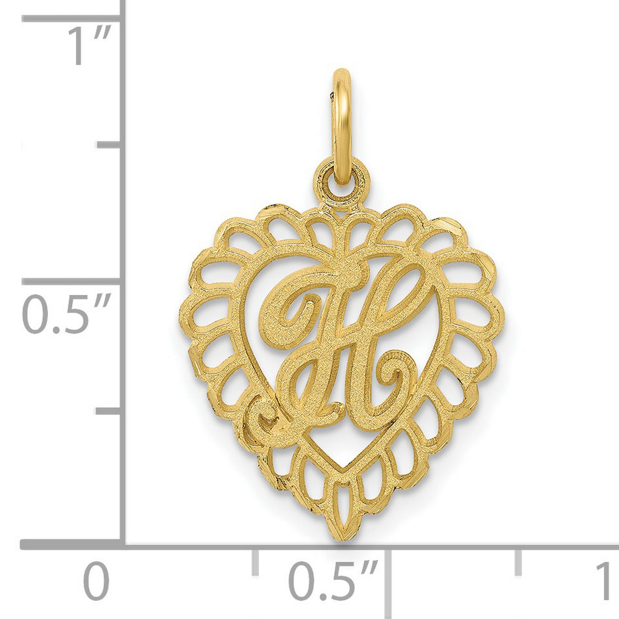 10k Yellow Gold Heart Pendant with Cursive Letter H, Scalloped Filigree Charm