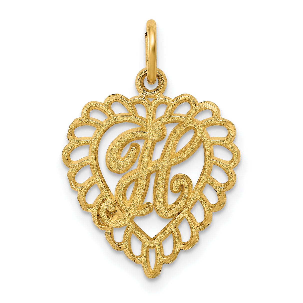 10k Yellow Gold Heart Pendant with Cursive Letter H, Scalloped Filigree Charm