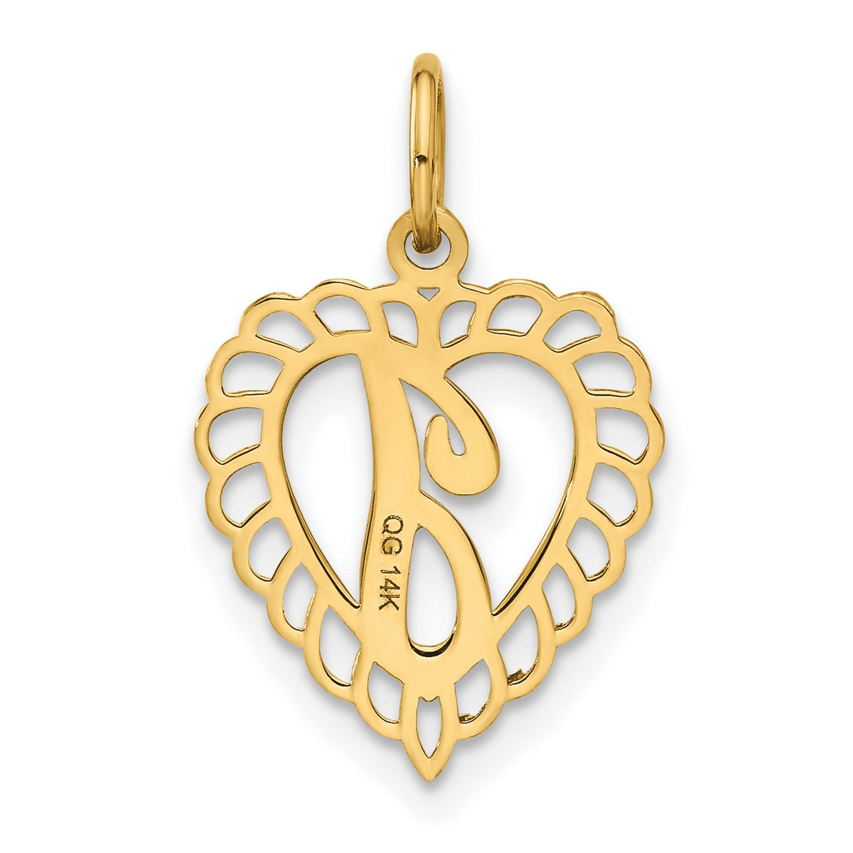 10k Yellow Gold Heart Pendant with Ornate Letter J and Scalloped Border