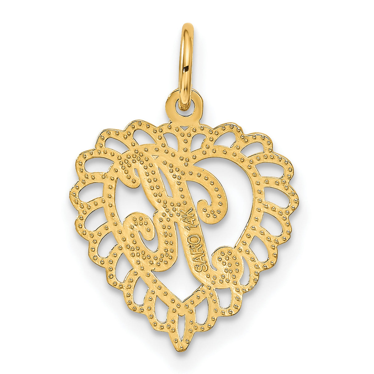 10k Yellow Gold Heart Pendant with Filigree Border and Script Letter K