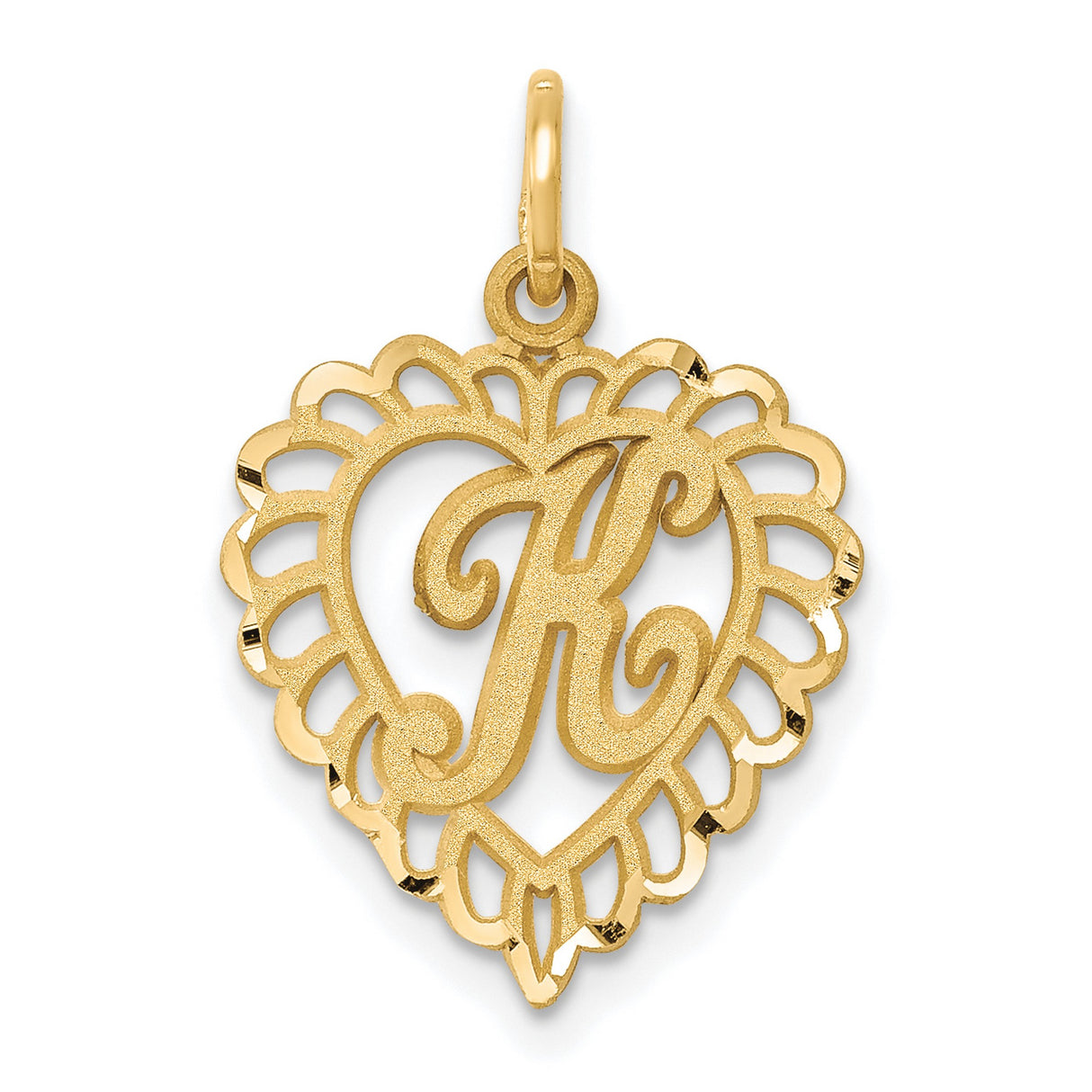 10k Yellow Gold Heart Pendant with Filigree Border and Script Letter K