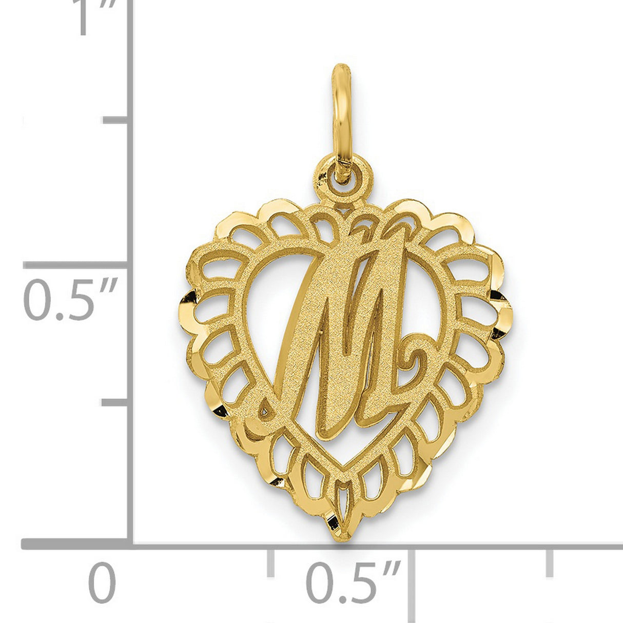 10k Yellow Gold Heart Pendant with Script Letter M, Scalloped Openwork Design