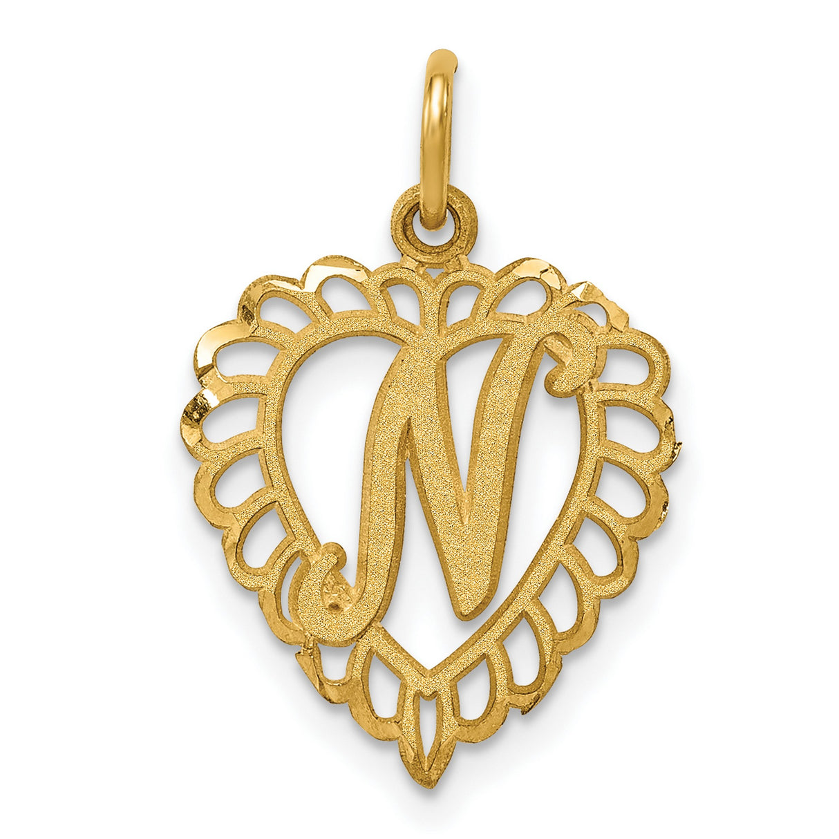 10k Yellow Gold Heart Pendant with Filigree Letter N Design, Vintage Style Charm