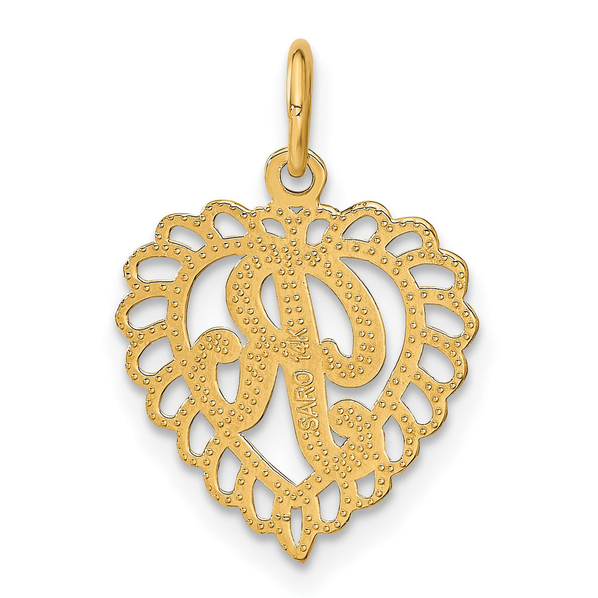 10k Yellow Gold Heart Pendant with Script R Initial, Filigree Lace Letter Charm