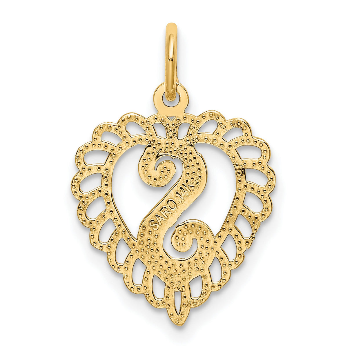 10k Yellow Gold Heart Pendant with Lace Border, Script S Monogram Charm