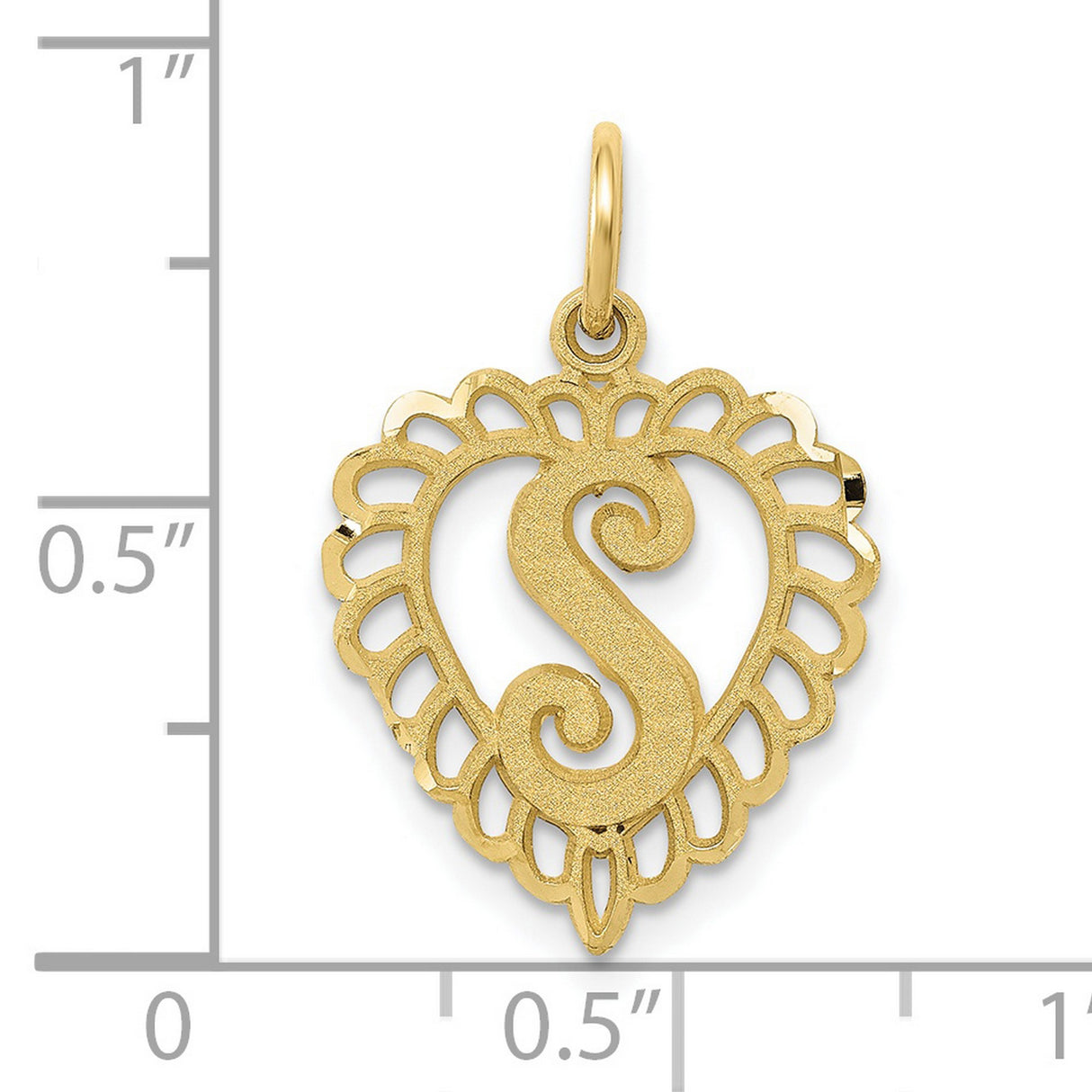 10k Yellow Gold Heart Pendant with Lace Border, Script S Monogram Charm