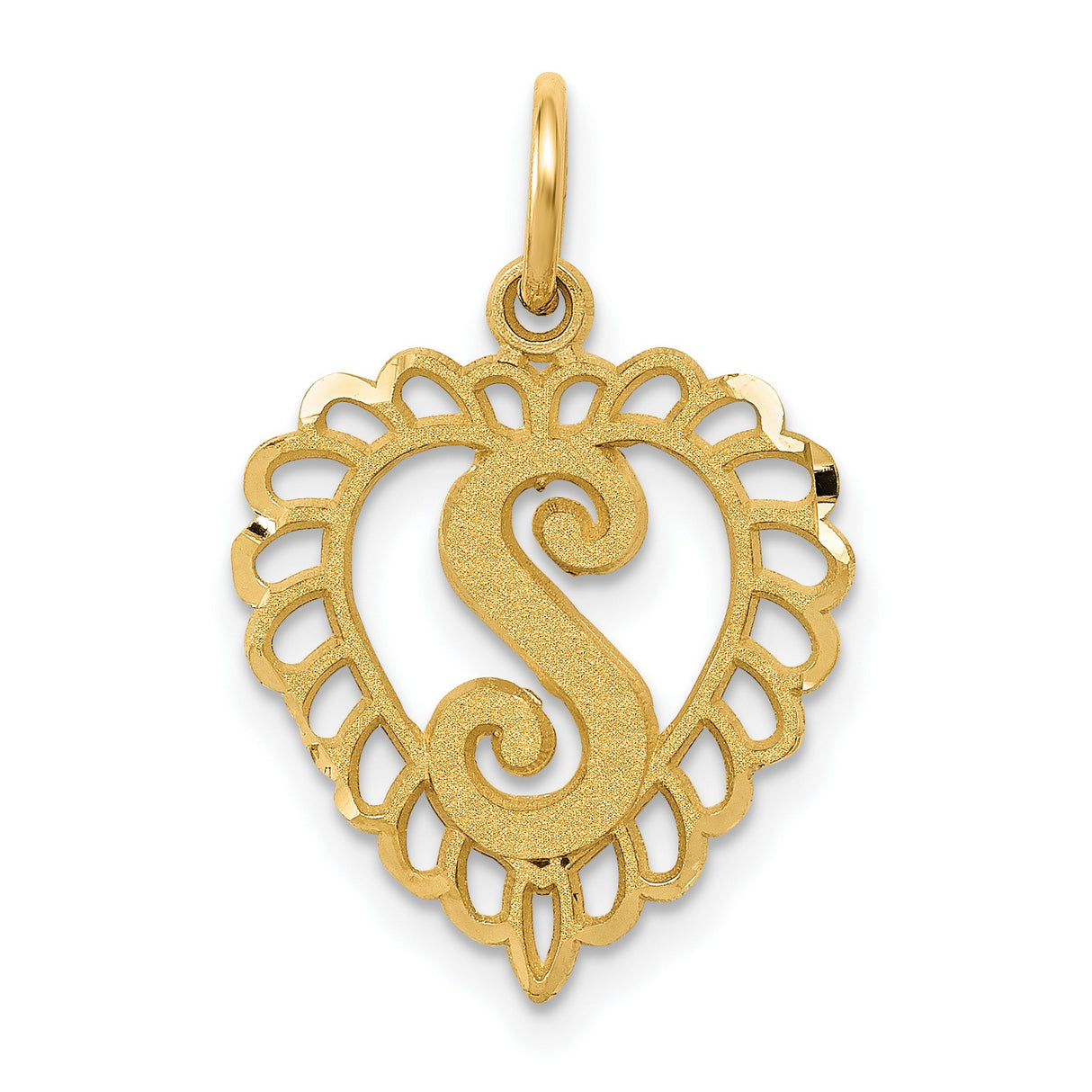 10k Yellow Gold Heart Pendant with Lace Border, Script S Monogram Charm