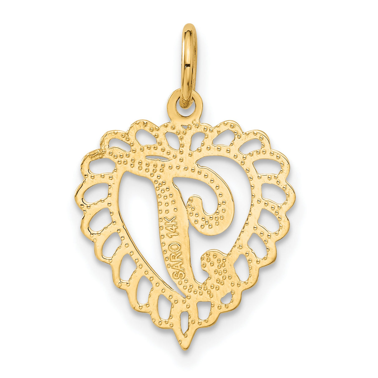 10k Yellow Gold Heart Pendant with Filigree Design and Script Letter T