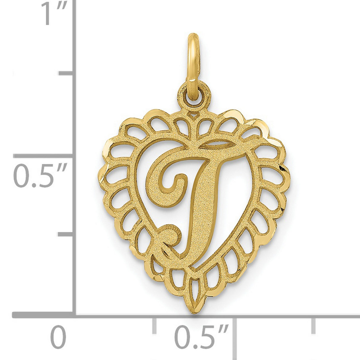 10k Yellow Gold Heart Pendant with Filigree Design and Script Letter T