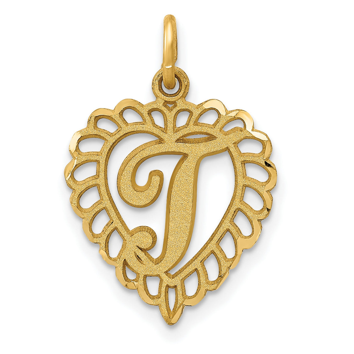 10k Yellow Gold Heart Pendant with Filigree Design and Script Letter T