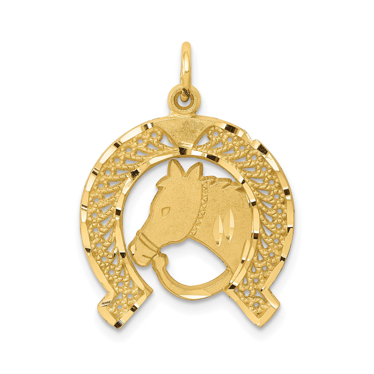 10k Yellow Gold Pendant with Horse Head in Textured Horseshoe Design, Western Equestrian Charm