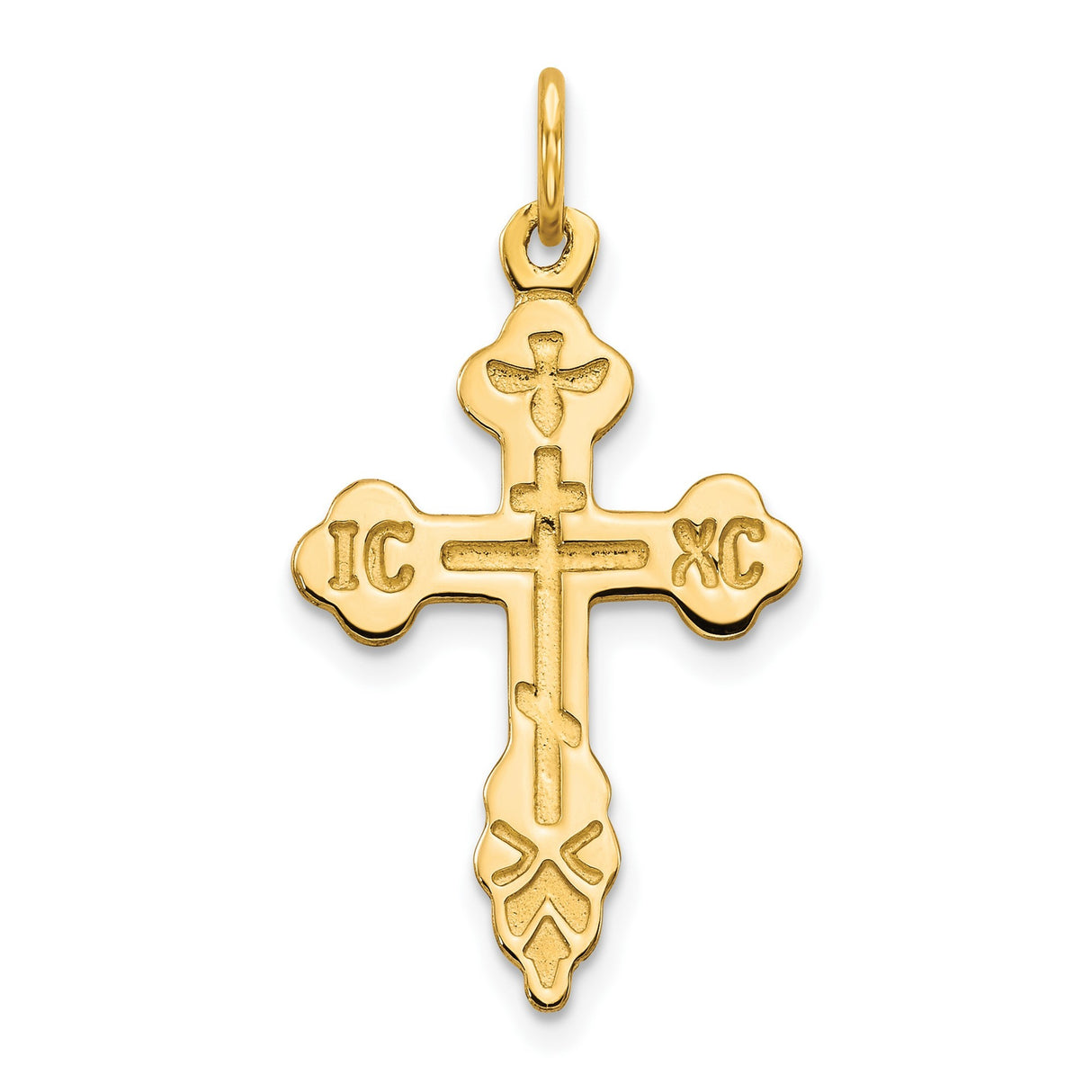 10k Yellow Gold Orthodox Cross Pendant with Dove Charm and IC XC Symbol