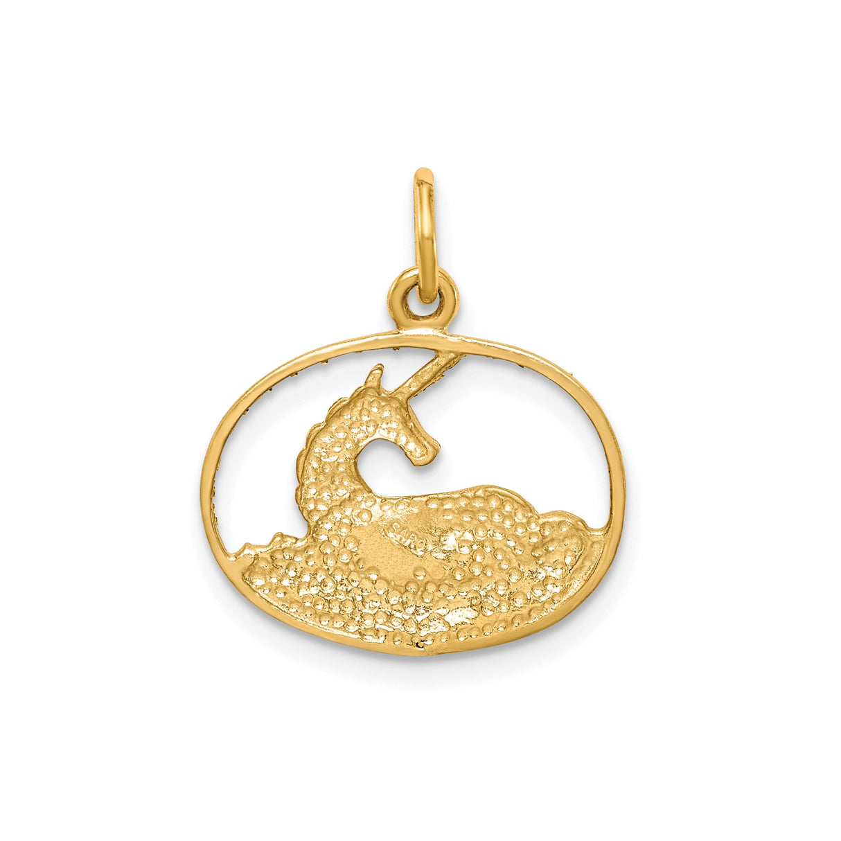 10k Yellow Gold Unicorn Pendant with Cutout Resting Unicorn in Oval Frame