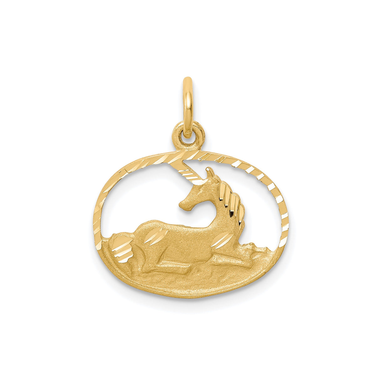 10k Yellow Gold Unicorn Pendant with Cutout Resting Unicorn in Oval Frame