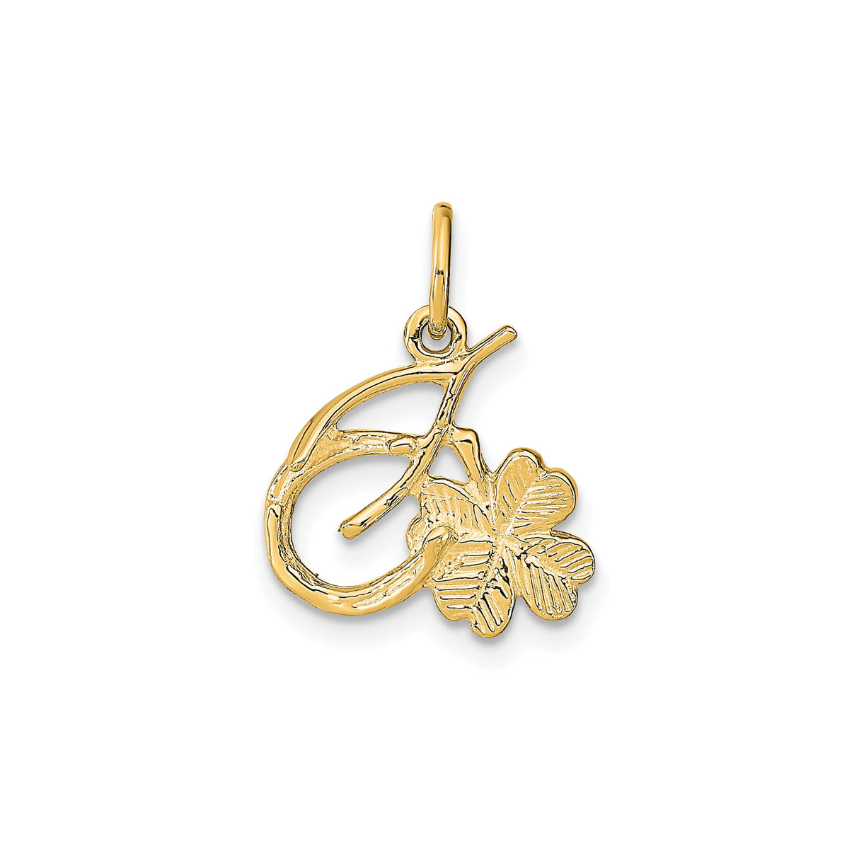 10k Yellow Gold Pendant, Cursive Letter A with Four Leaf Clover Design