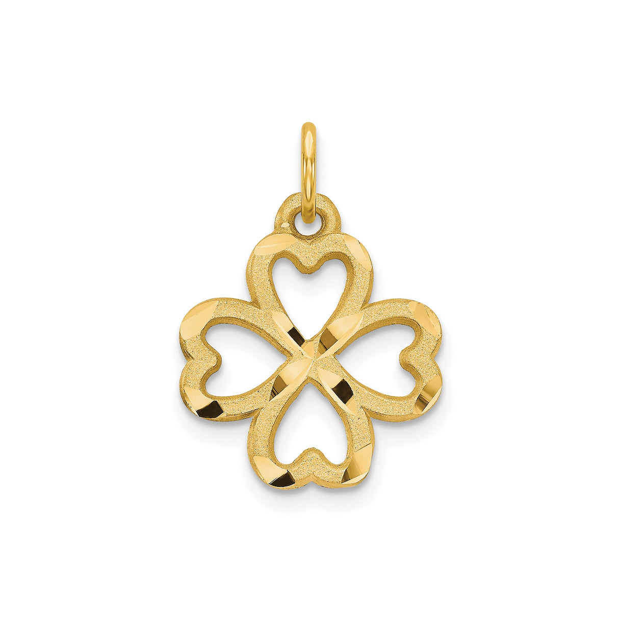 10k Yellow Gold Clover Pendant with Heart Petals, Textured and Polished Finish