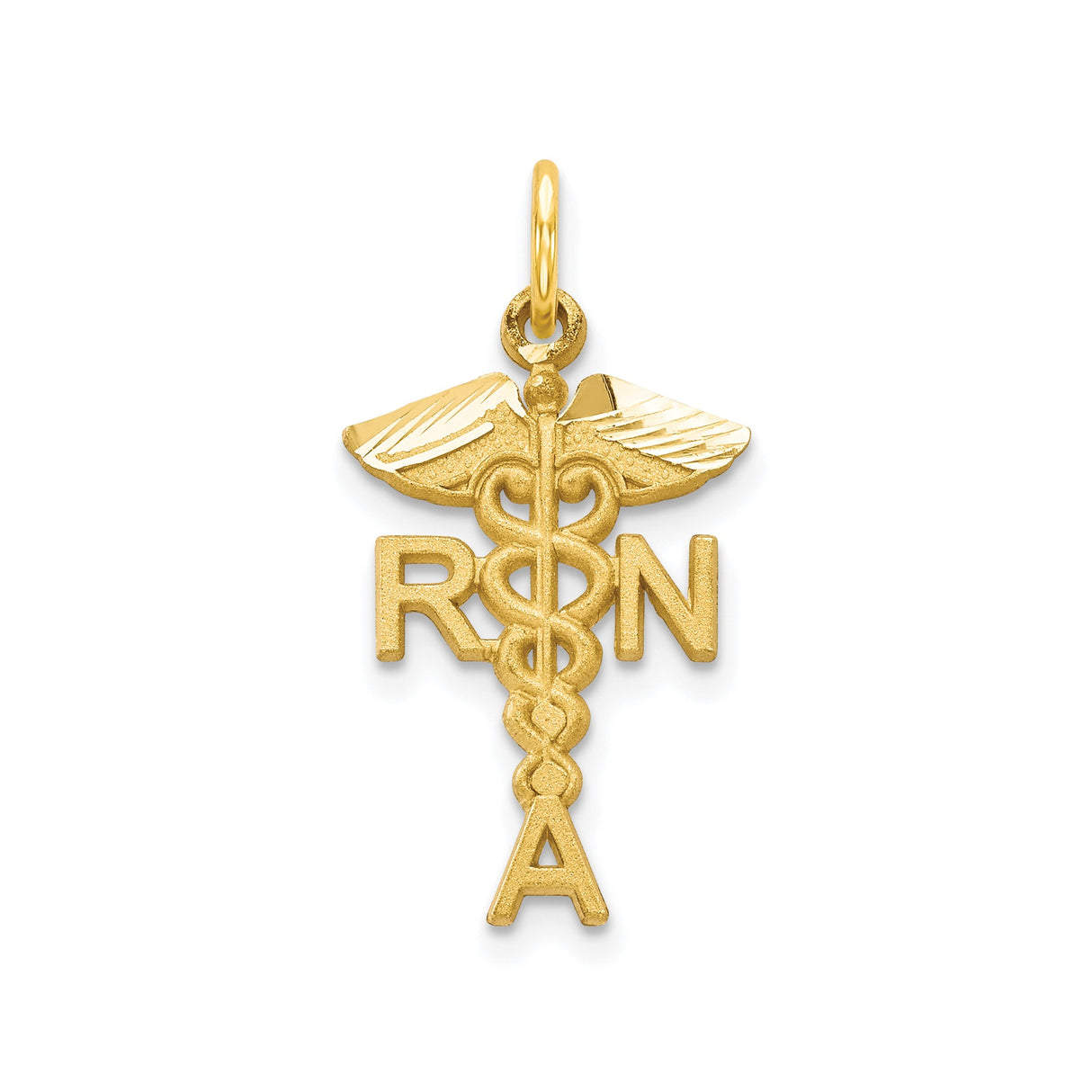 10k Yellow Gold RN Pendant with Caduceus Symbol, Medical Nursing Charm for Women