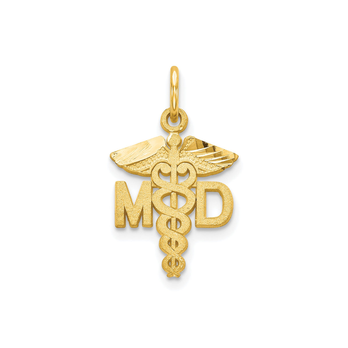 10k Yellow Gold MD Pendant with Caduceus Symbol, Unisex Medical Charm for Healthcare Professionals