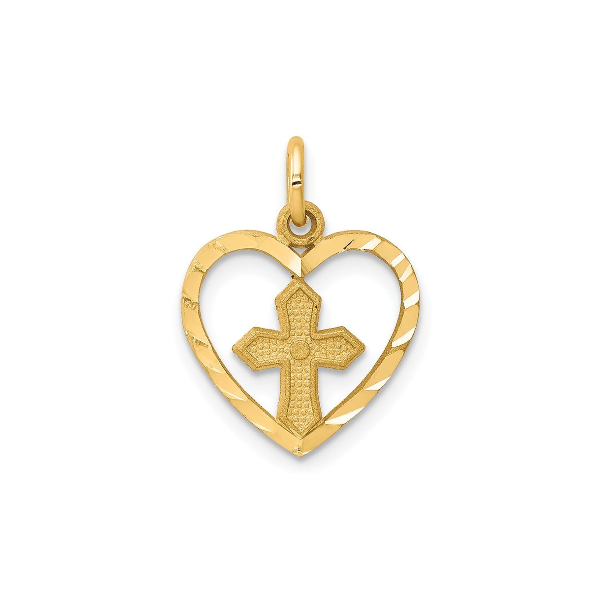 10k Yellow Gold Cross Pendant with Open Heart Design and Matte Textured Finish