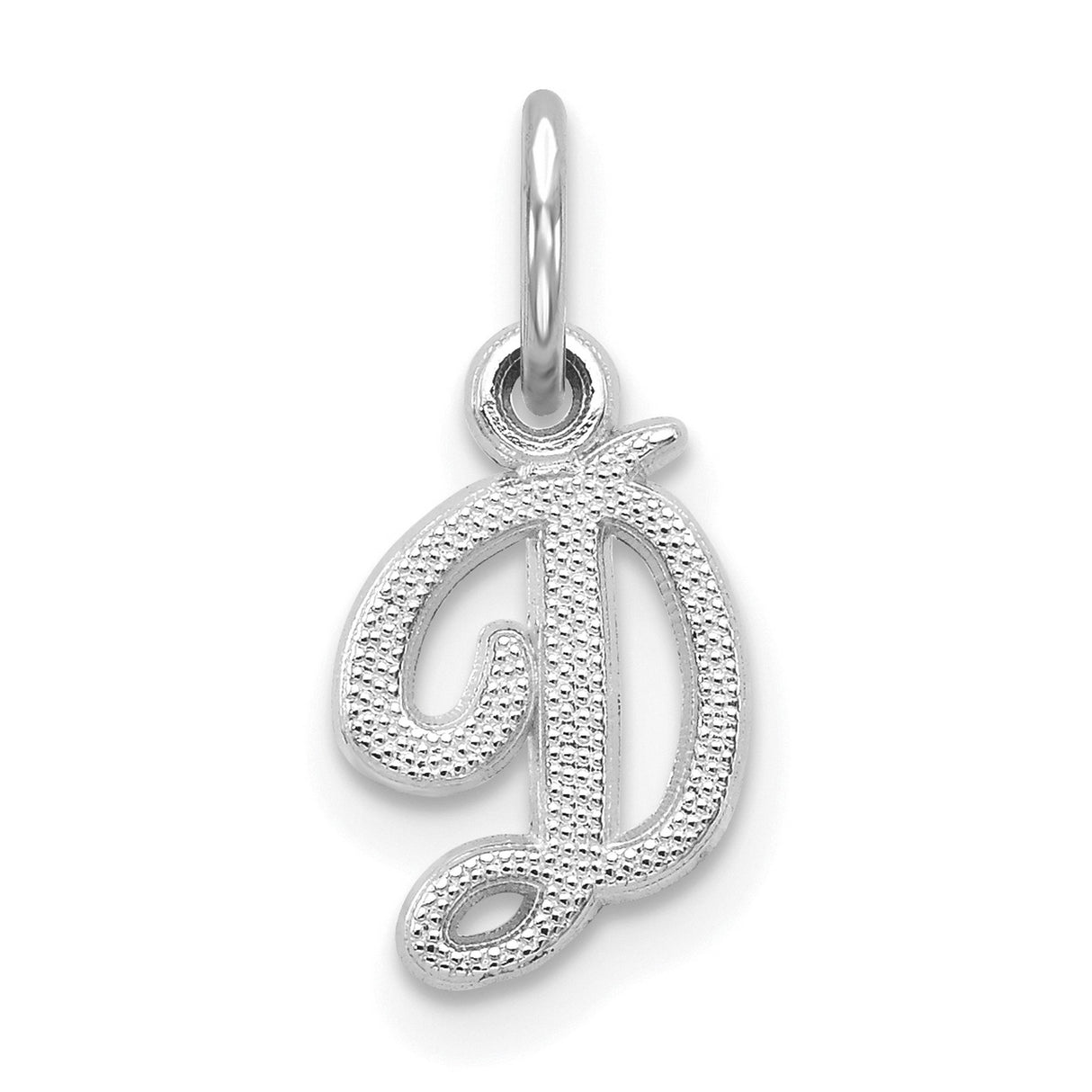 10k White Gold Initial D Pendant Charm, Textured Script Letter Design, Unisex Jewelry