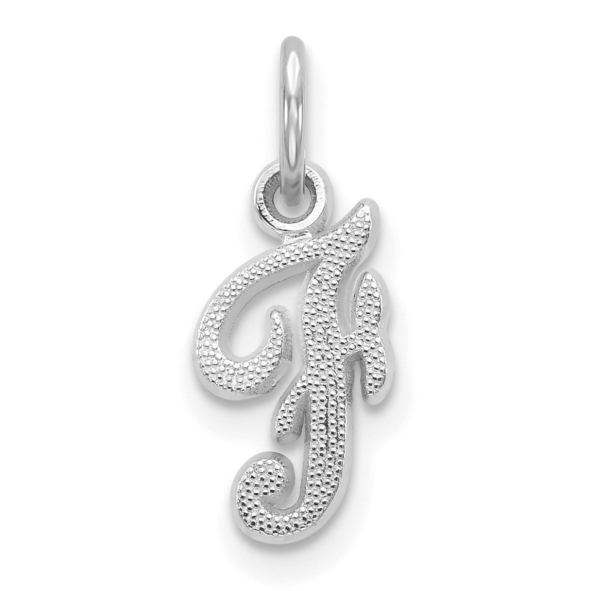 10k White Gold Letter F Pendant, Textured Polished Script Charm for Women