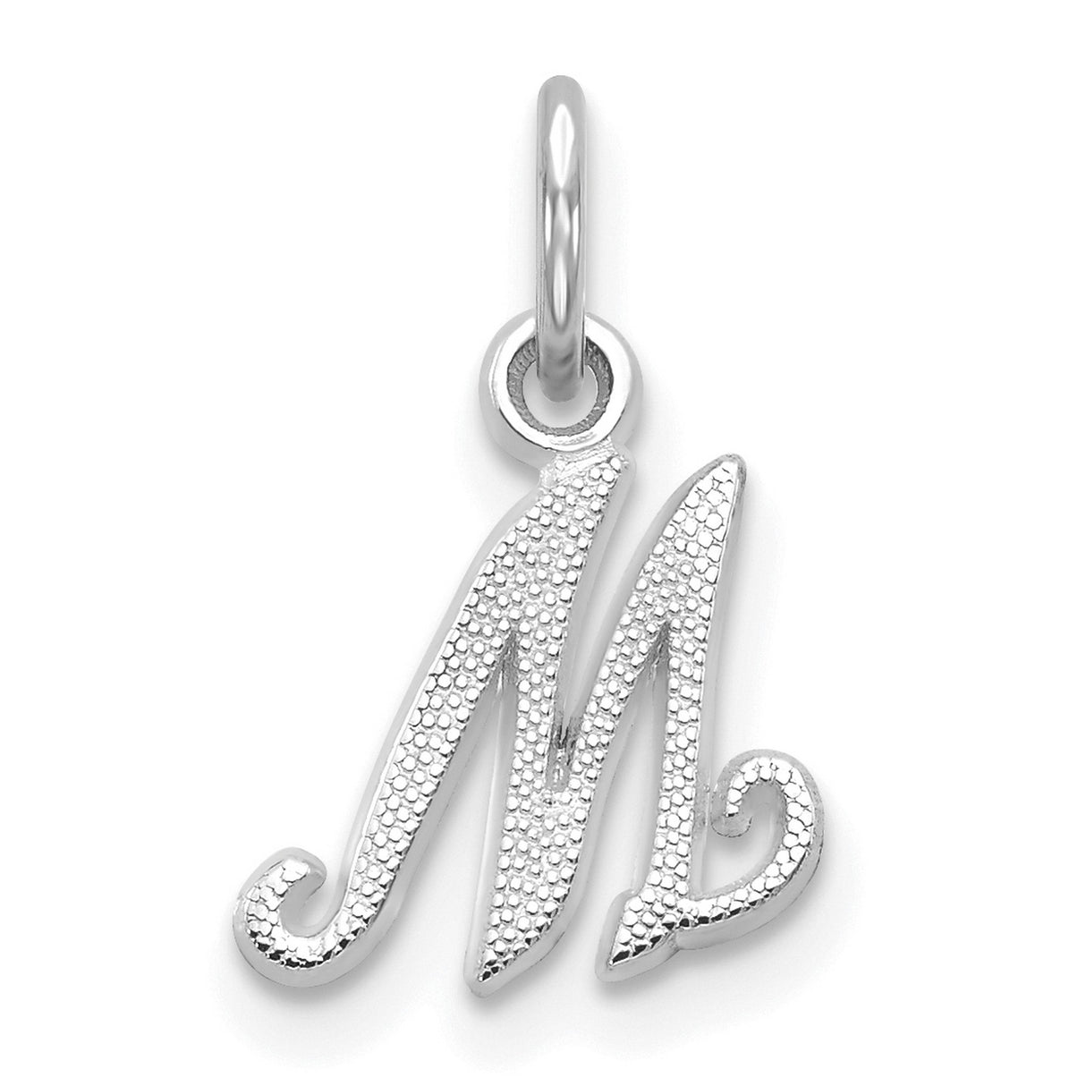 10k White Gold Initial M Pendant, Textured Script Letter Charm for Women