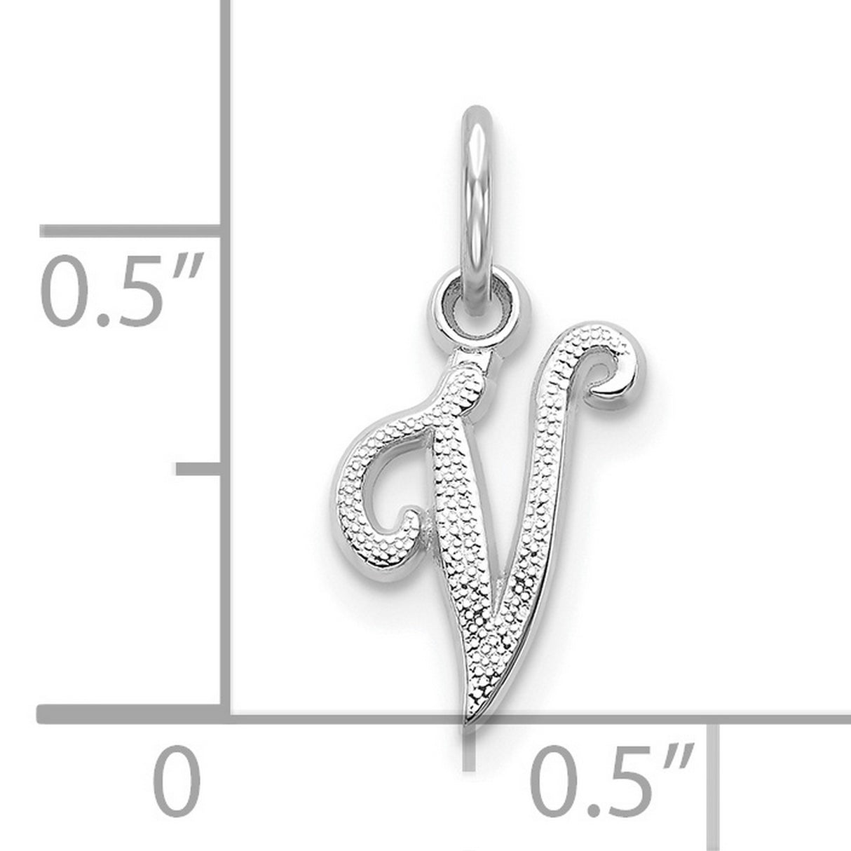 10k White Gold Script Initial V Pendant with Textured Finish, Cursive Letter Design for Women