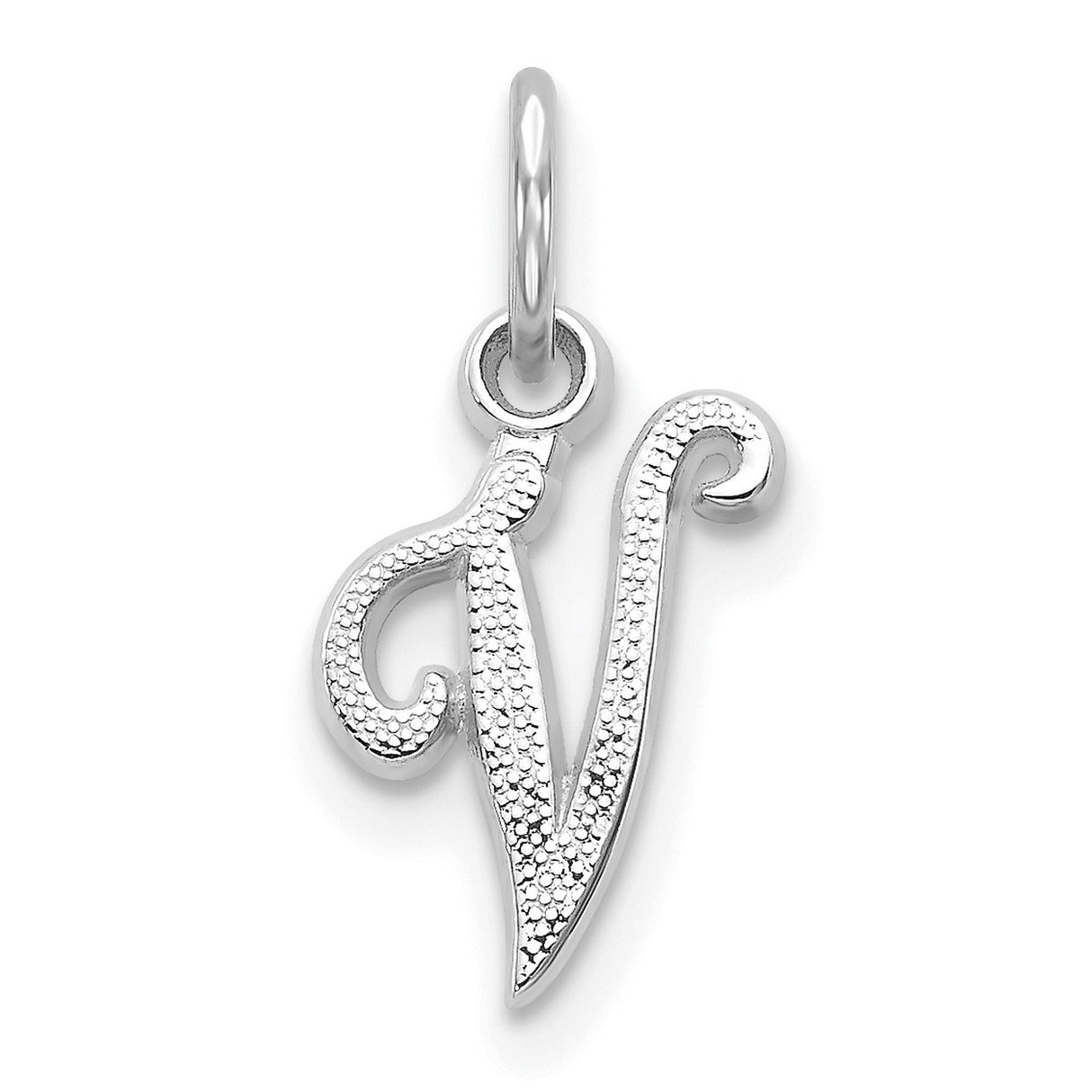 10k White Gold Script Initial V Pendant with Textured Finish, Cursive Letter Design for Women