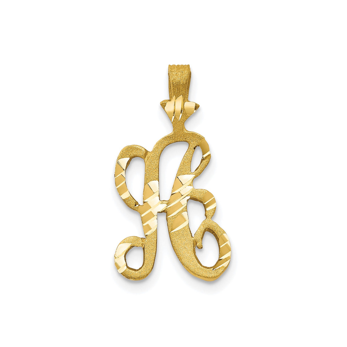 10k Yellow Gold Script Initial R Pendant, Textured and Polished Letter Charm with Diamond Cut Detailing