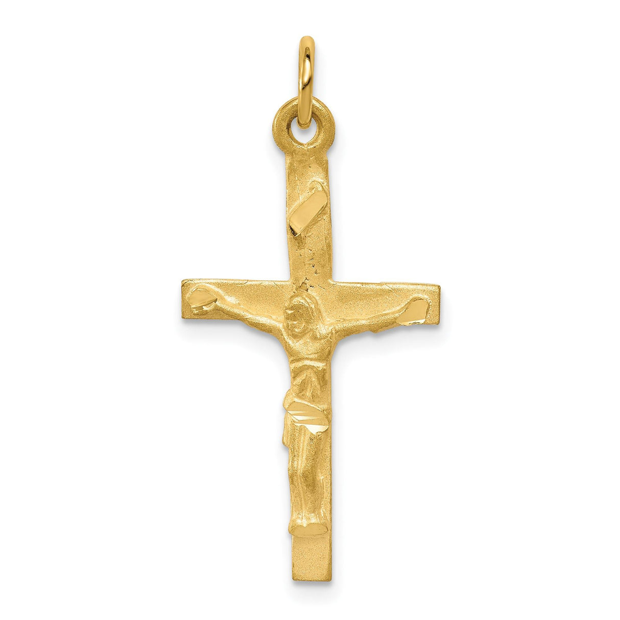 10k Yellow Gold Crucifix Pendant with Raised Jesus Figure and Satin Finish Cross Charm