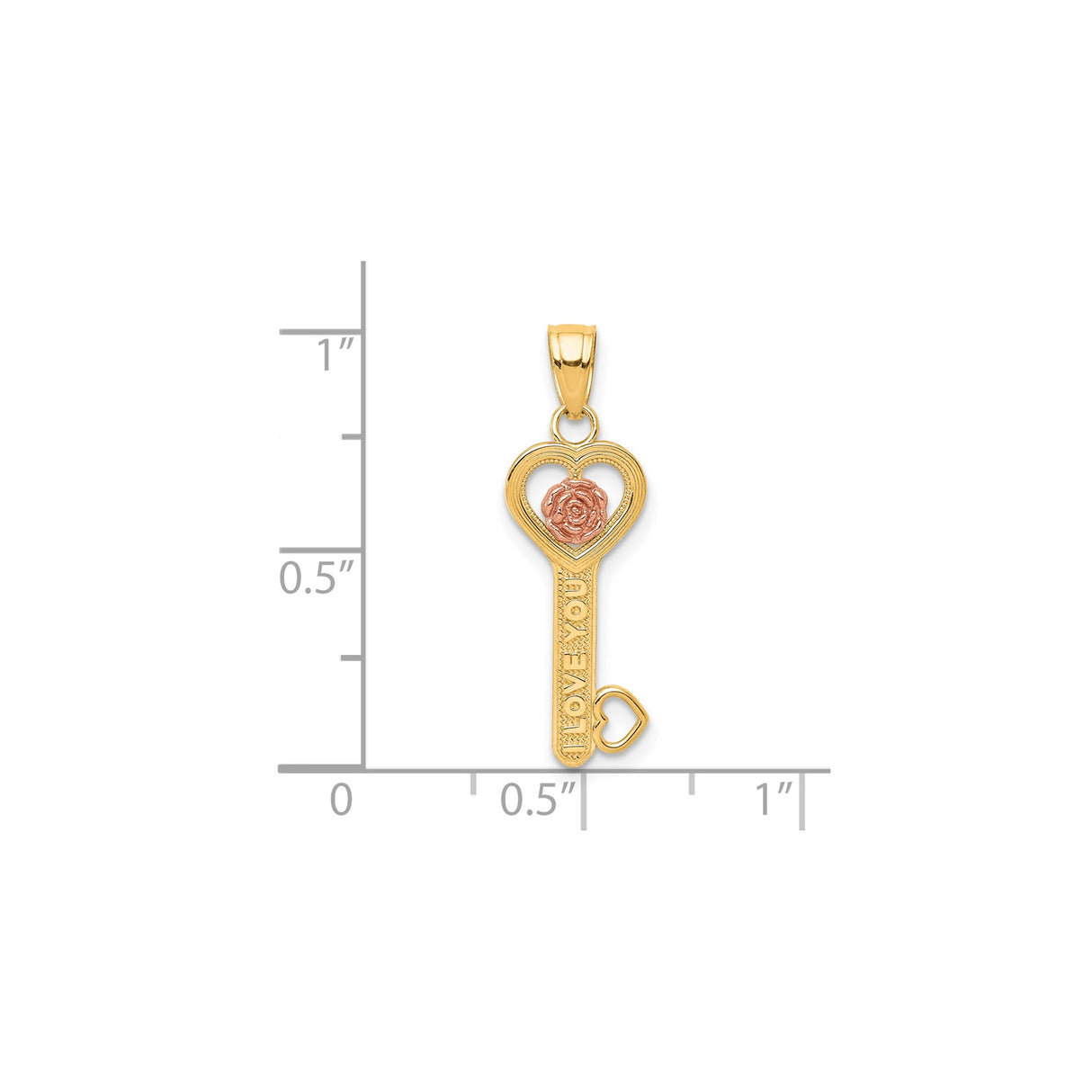 10k Two-Tone Gold Heart Key Pendant with Rose Design and I Love You Message