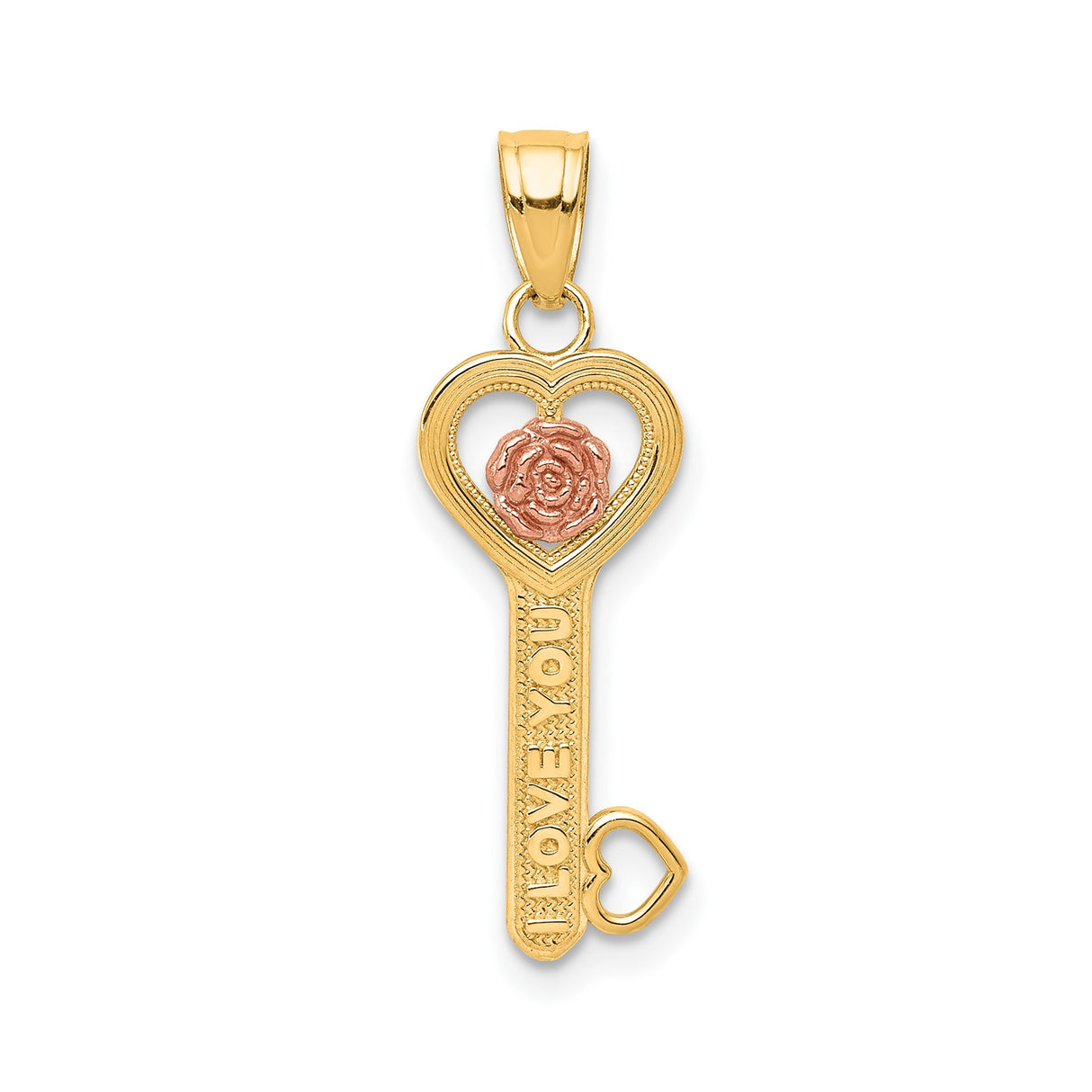 10k Two-Tone Gold Heart Key Pendant with Rose Design and I Love You Message