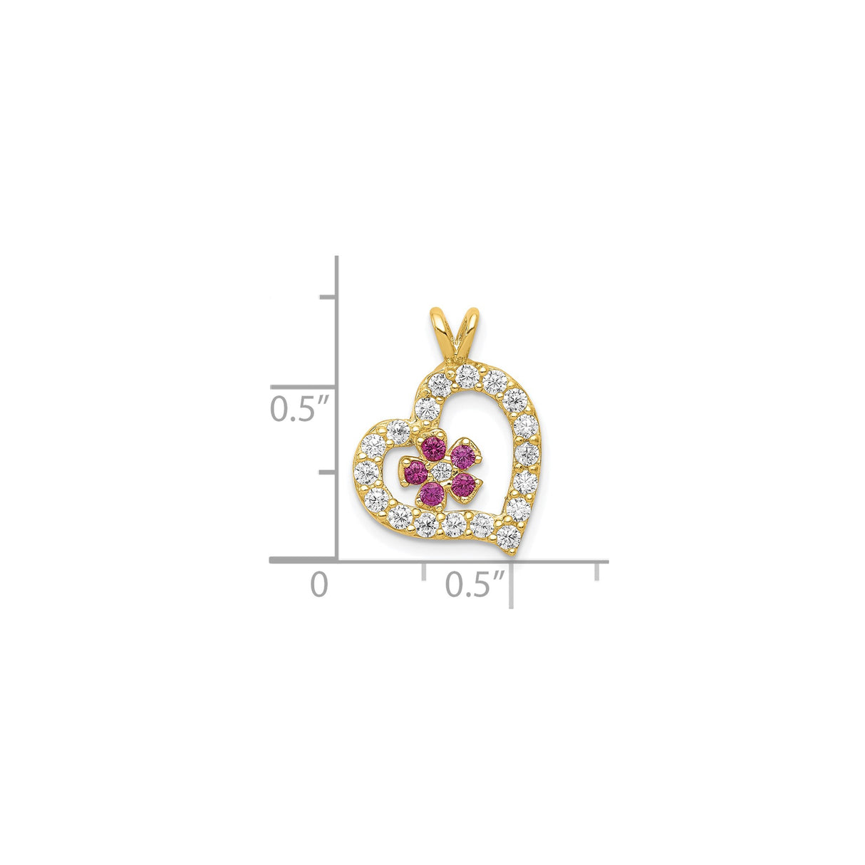 10k Yellow Gold Heart Pendant with Pink Flower Accent and Cubic Zirconia