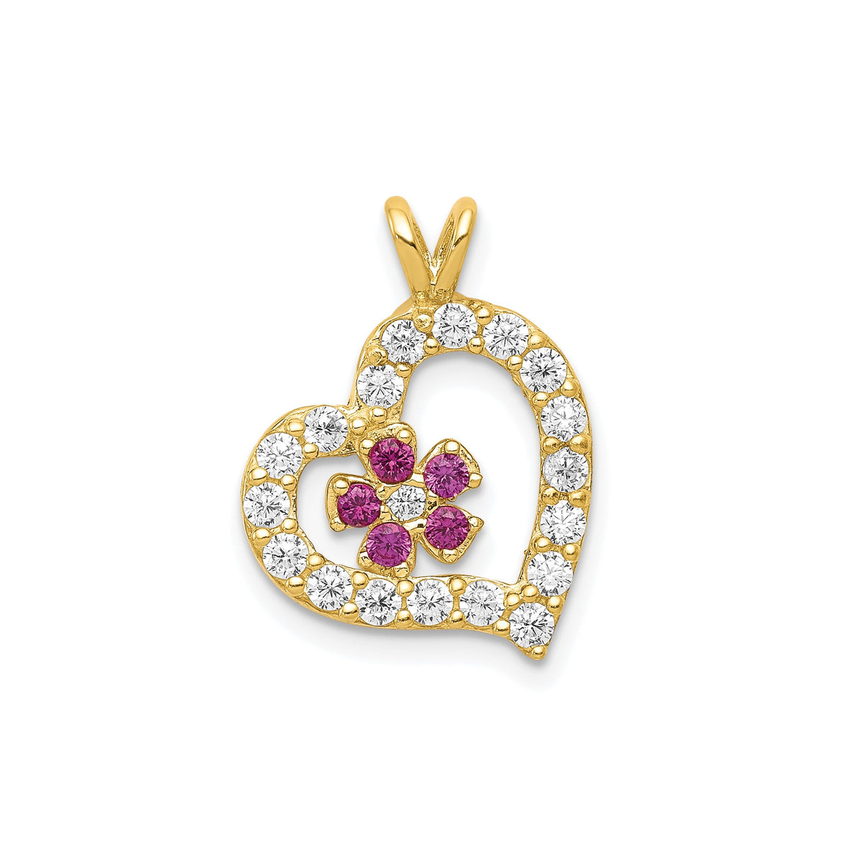 10k Yellow Gold Heart Pendant with Pink Flower Accent and Cubic Zirconia