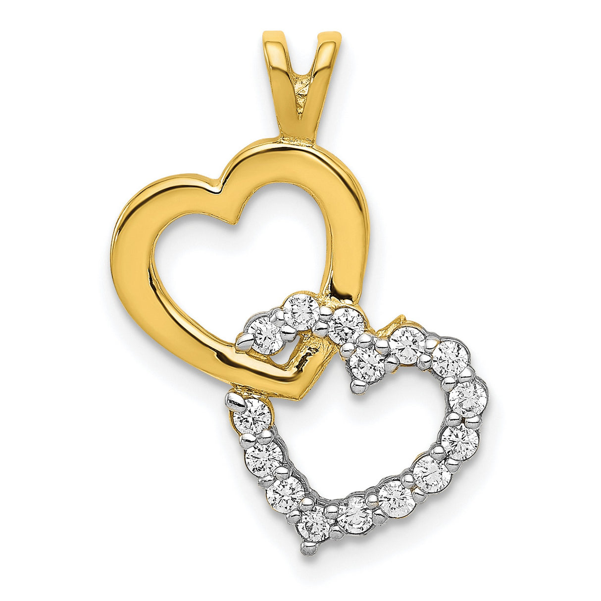 10k Yellow Gold Heart Pendant with Cubic Zirconia, Double Intertwined Open Hearts Design