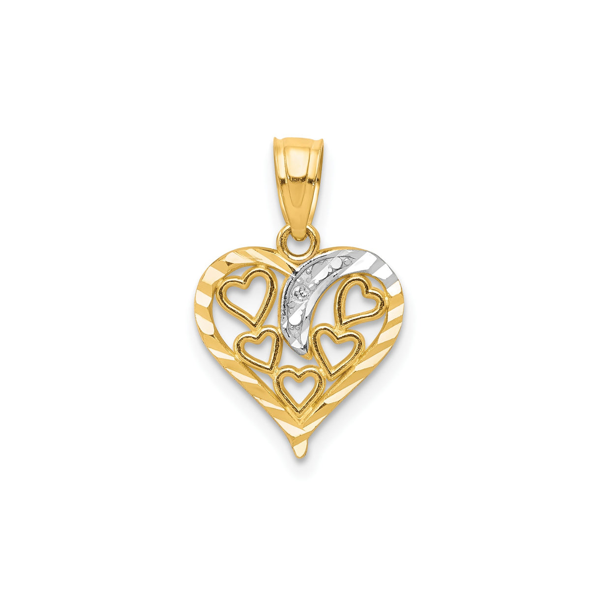 10k Multi-Tone Gold Heart Pendant with Open Heart Design and Diamond Cut Crescent Accent