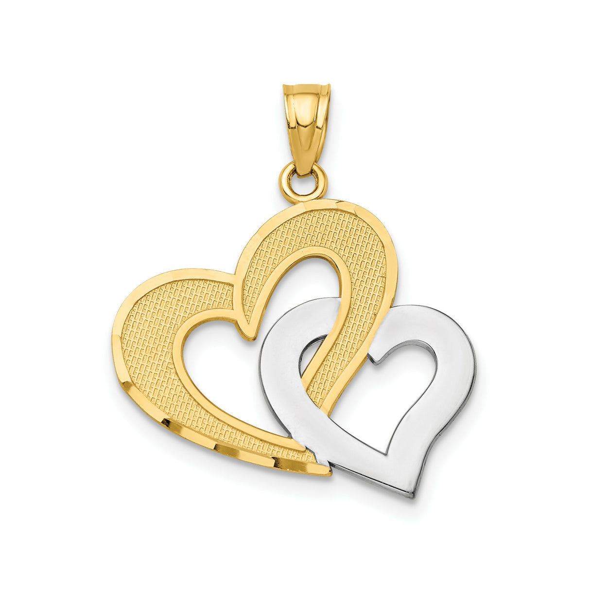 10k Multi-Tone Gold Pendant with Rhodium Interlocking Hearts, Textured and Polished Finish