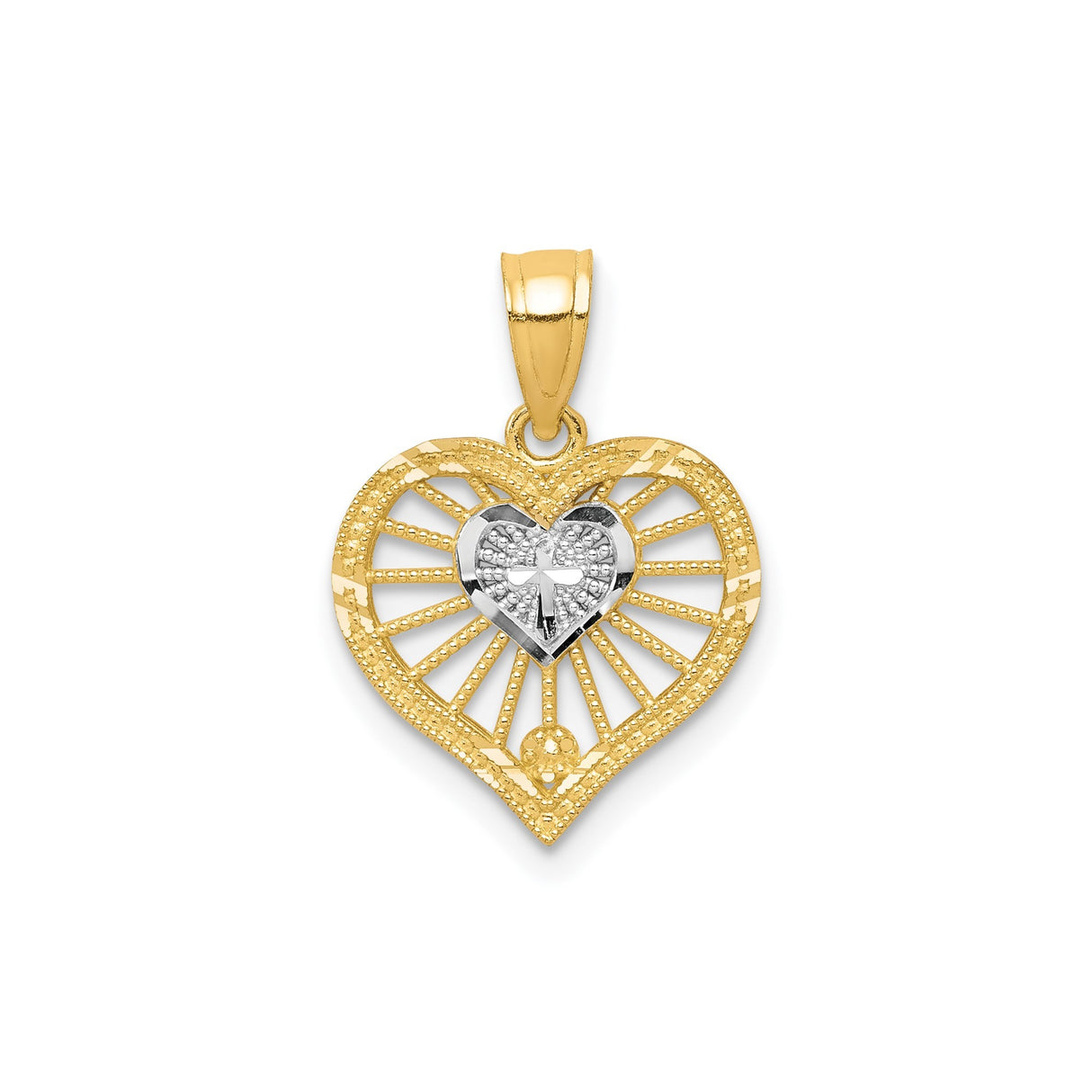 10k Multi-Tone Gold Cross Pendant with Beaded Border and Textured Heart Detail