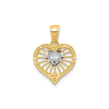 10k Multi-Tone Gold Cross Pendant with Beaded Border and Textured Heart Detail