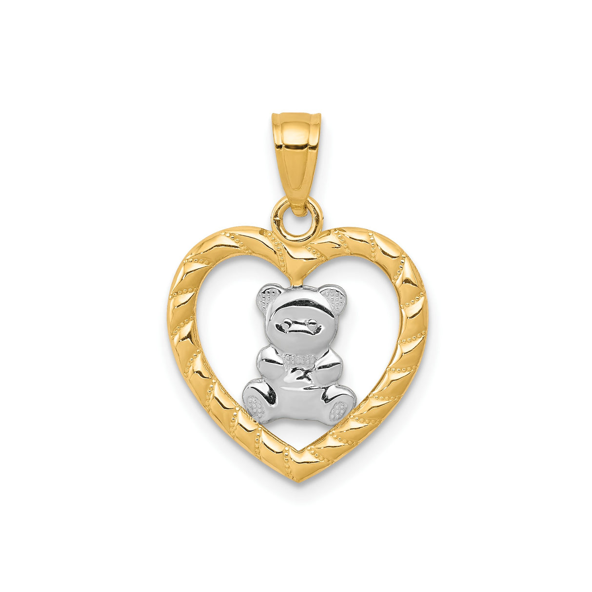10k Multi-Tone Gold Heart Pendant with Rhodium Teddy Bear Detail, Sentimental Jewelry for Women