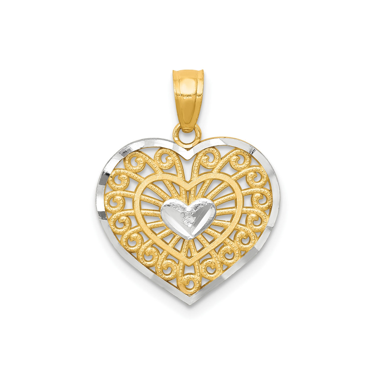 10k Multi-Tone Gold Dual Heart Pendant with Rhodium Plating, Filigree Design for Women