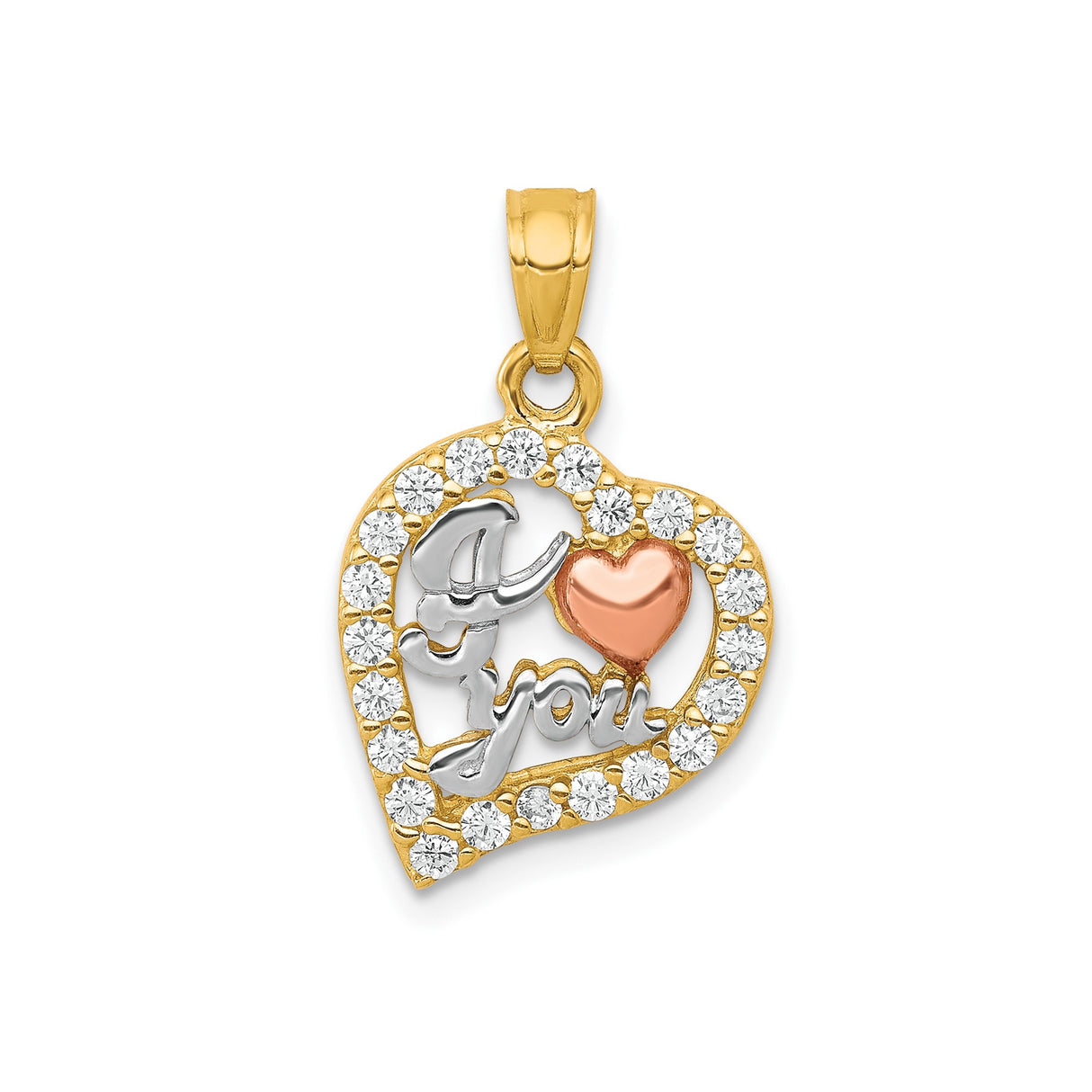 10k Two-Tone Gold Heart Pendant with Cubic Zirconia, Rose Gold Accent, I Love You Design