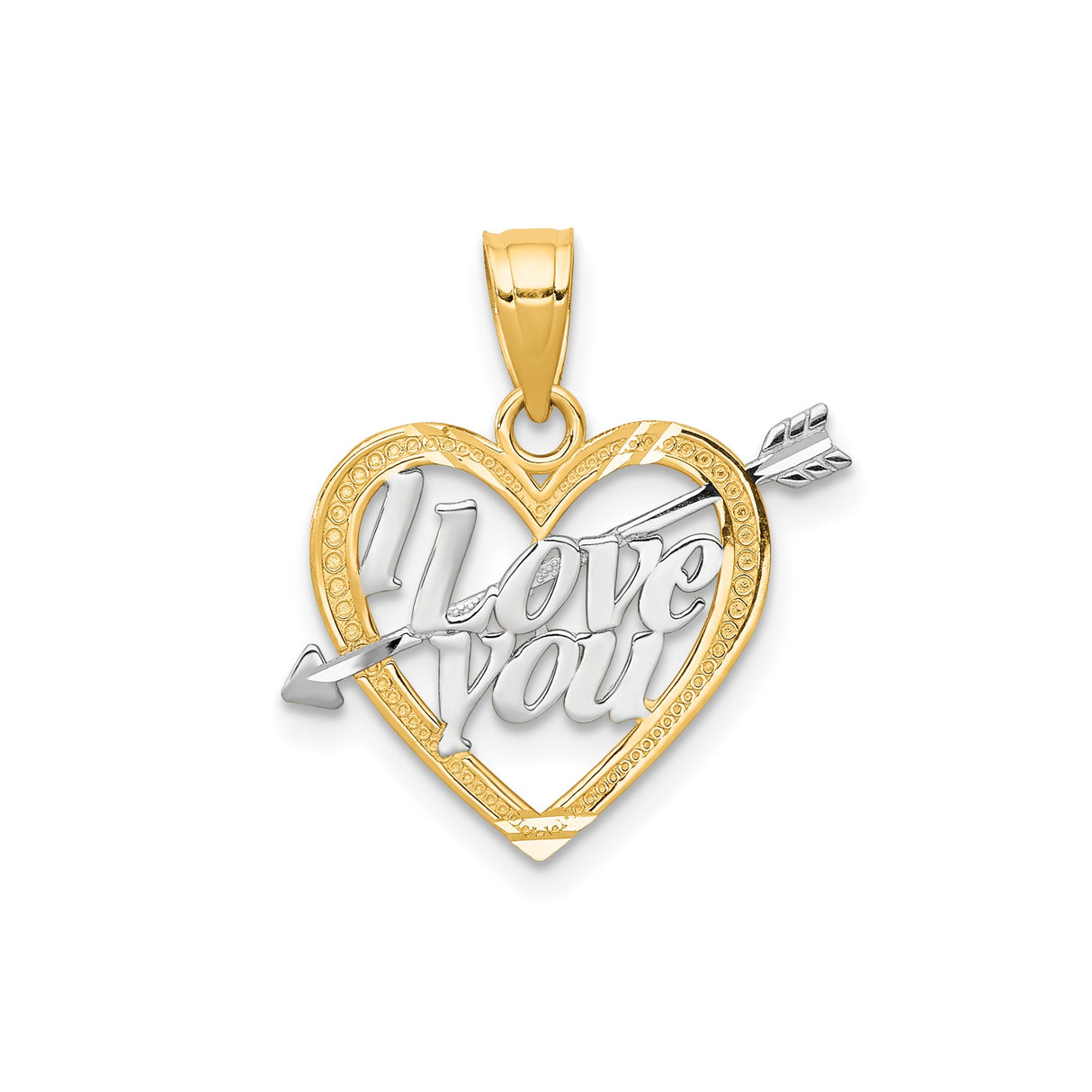 10k Multi-Tone Gold Heart Pendant with I Love You Inscription and Arrow Design