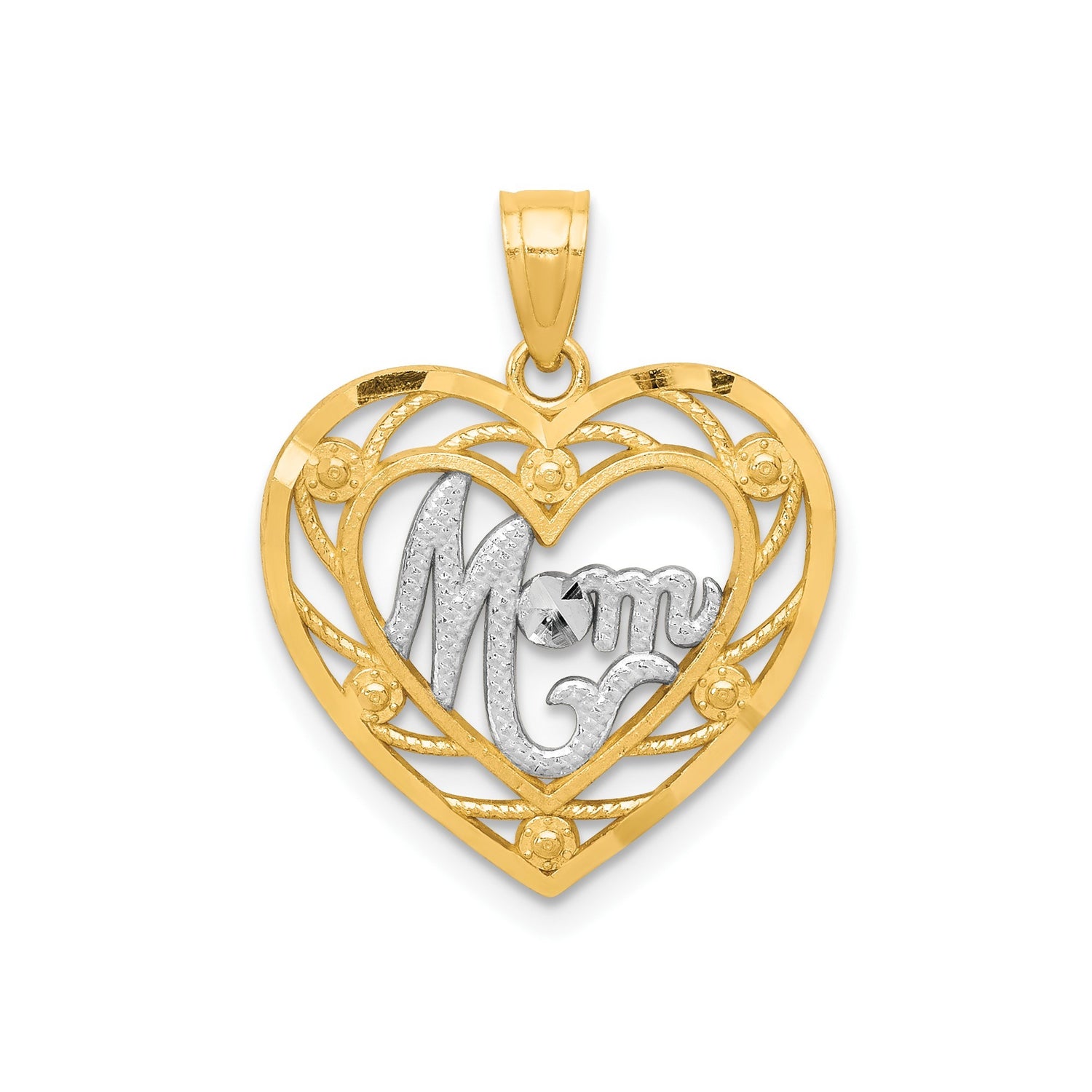 Mom Heart Charm Pendant in Real 10k Multi-Tone Gold